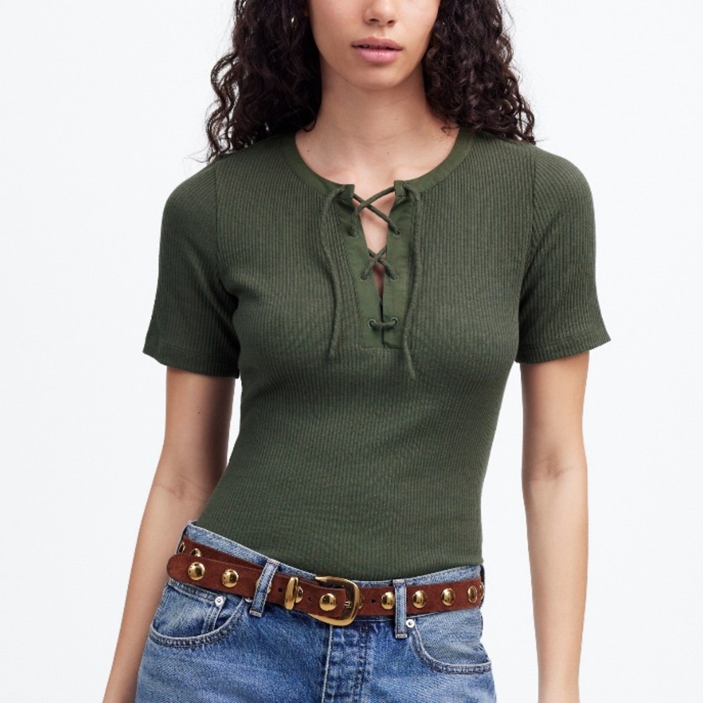 Madewell Green Ribbed Lace-Up Short-Sleeve Tee
